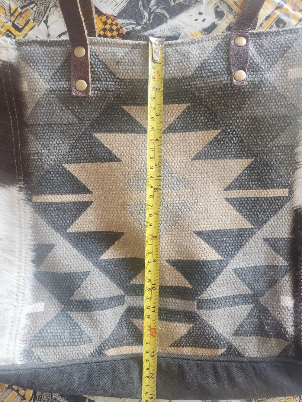 Southwestern Geometric Tote in Brown & Black with Leather Straps - Picture 2 of 3